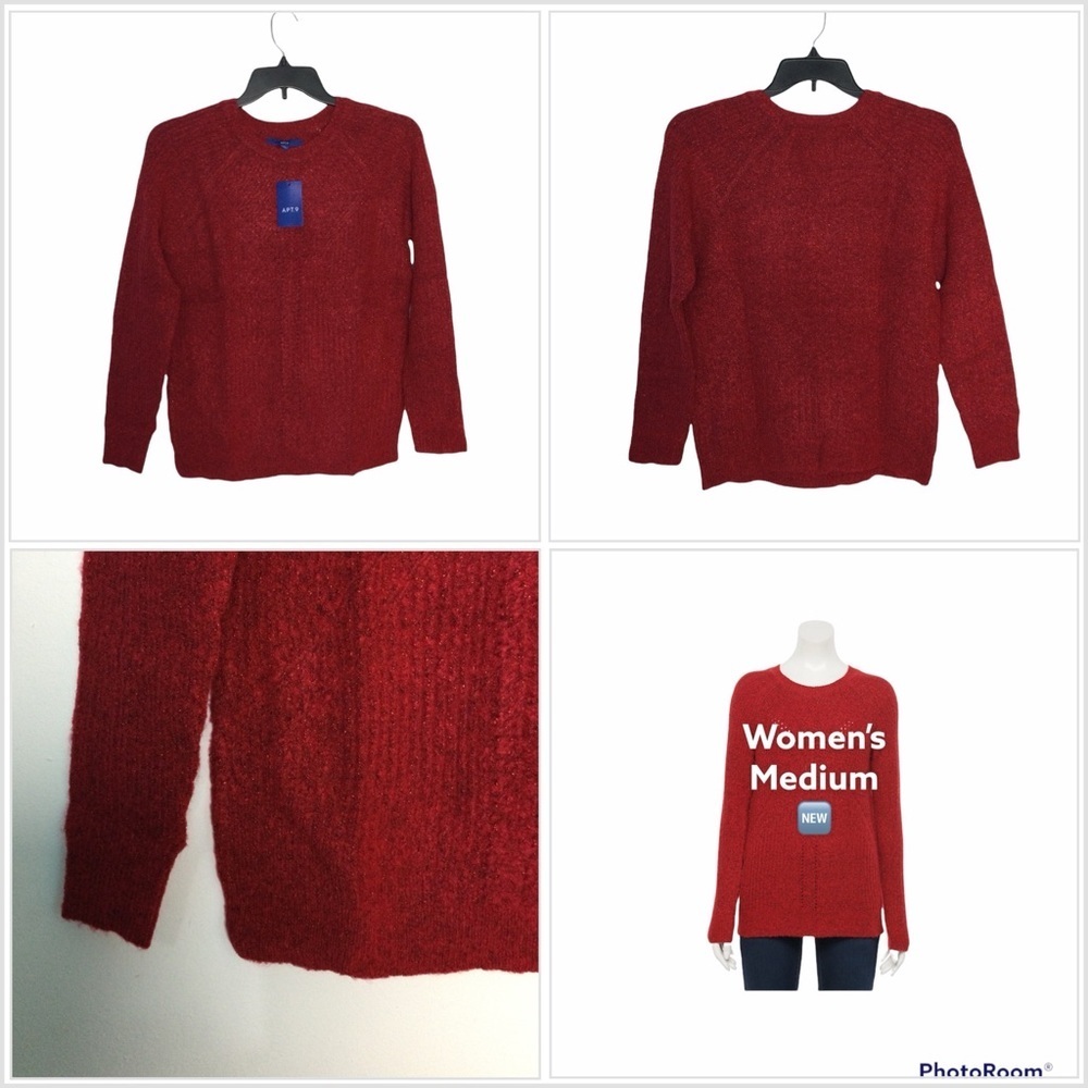 Apt. 9 Medium M 8 - 10 Sweater Crewneck Red Marbled Long Sleeve Stretch Cozy NWT